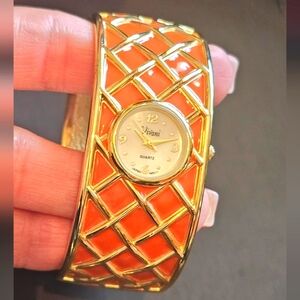 Vivani Orange and Gold Enamel Women's Watch Bracelet Cuff
